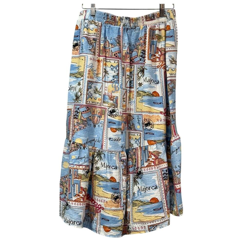 Mlle Gabrielle Travel Postcard Print High Low Maxi Skirt Resort Vacation Wear XS